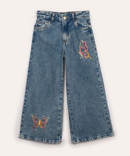 calça jeans wide leg bordado borboleta azul claro 6