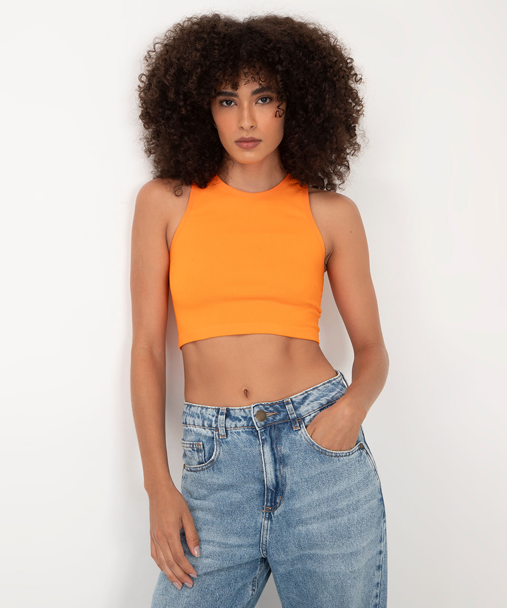 top cropped halter neck de poliamida laranja