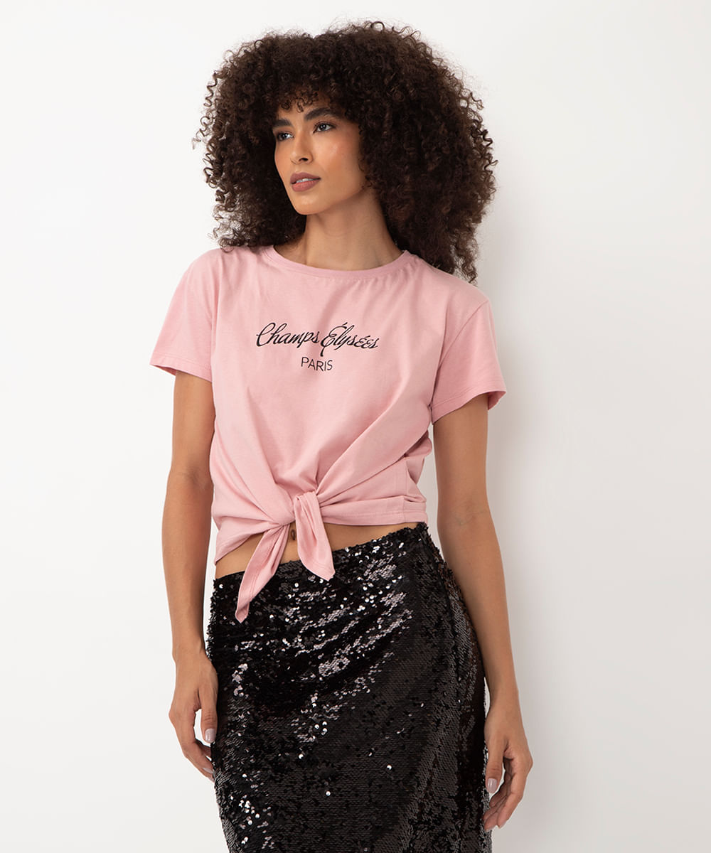 camiseta de algodão manga curta com amarração champs élysées paris rosa médio