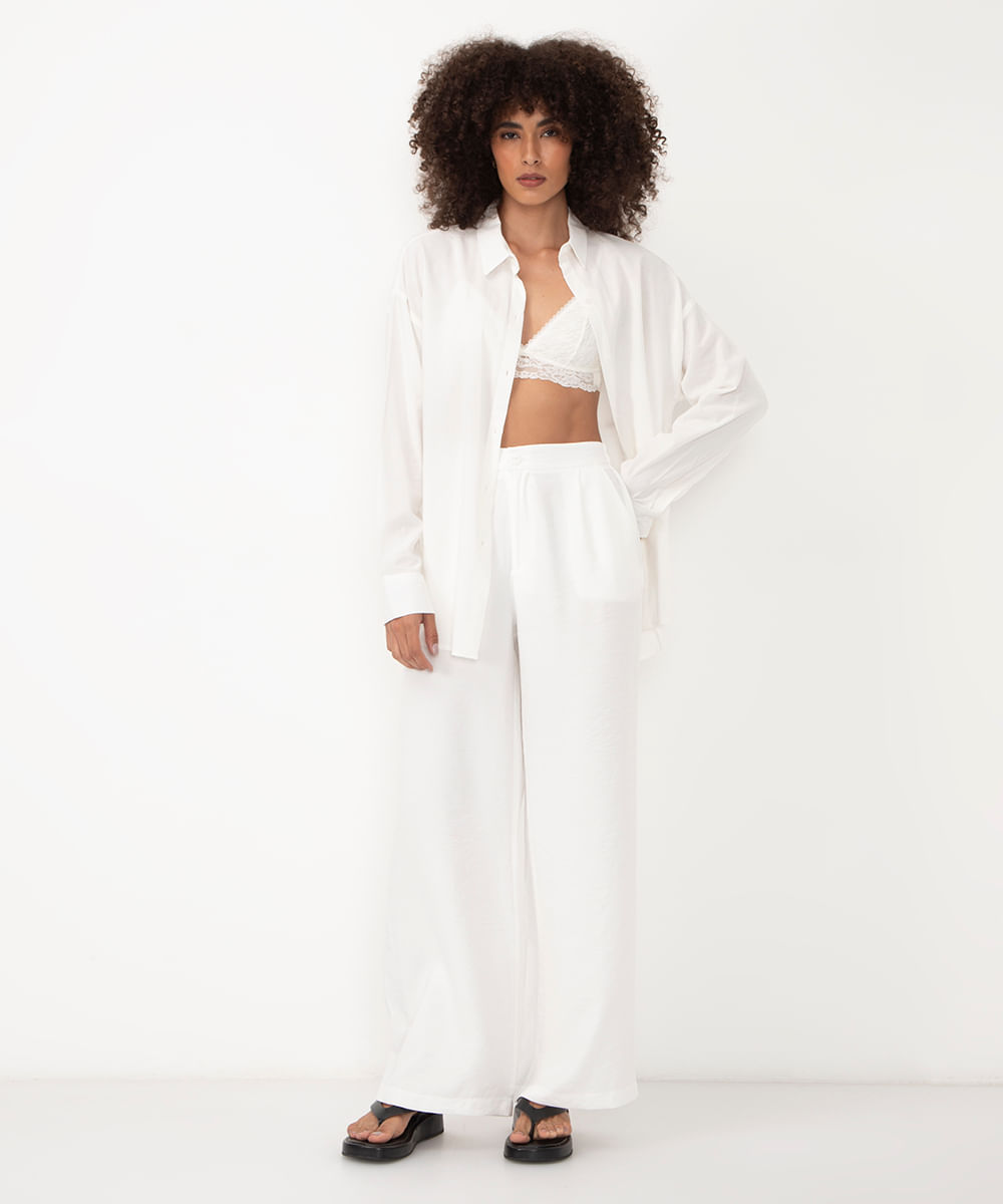 calça de viscose wide leg cintura alta com elástico off white