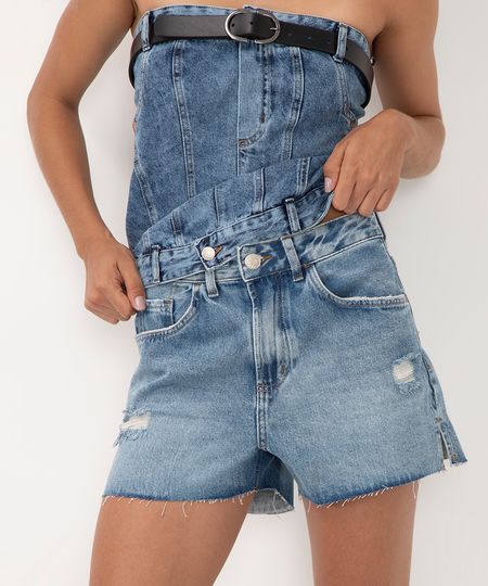 short jeans reto cintura super alta barra desfiada azul médio 36