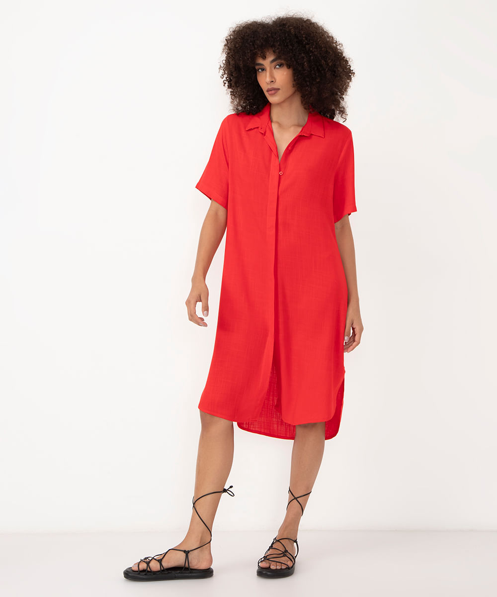 camisa de viscose alongada manga curta vermelho