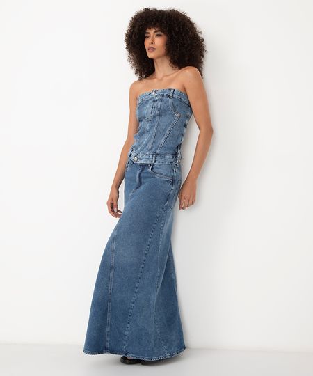 saia jeans midi cintura alta com recortes azul escuro 36