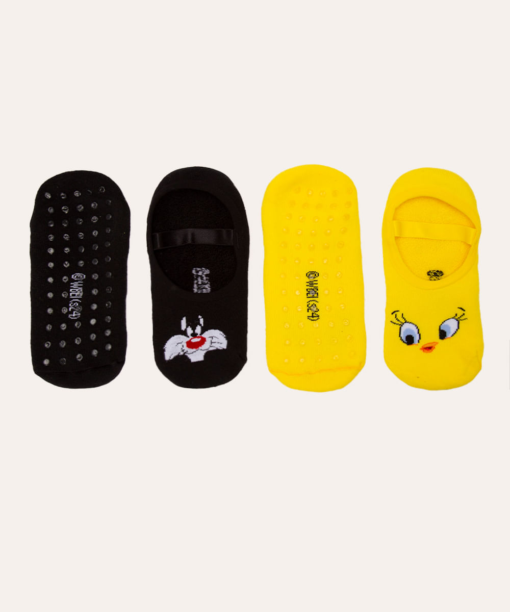 kit de 2 pares de meias sapatilha infantil piu piu e frajola antiderrapante colorido