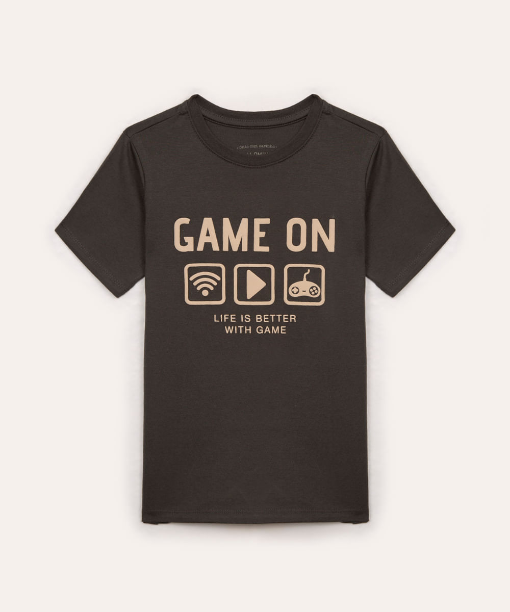 camiseta de algodão infantil game on manga curta chumbo