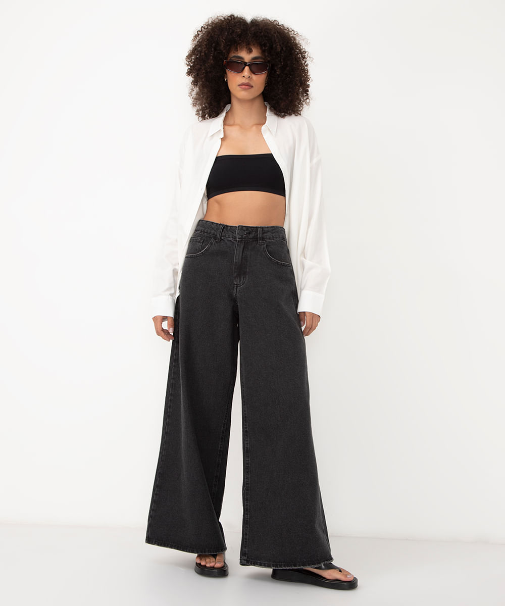 calça jeans super wide leg cintura média preto