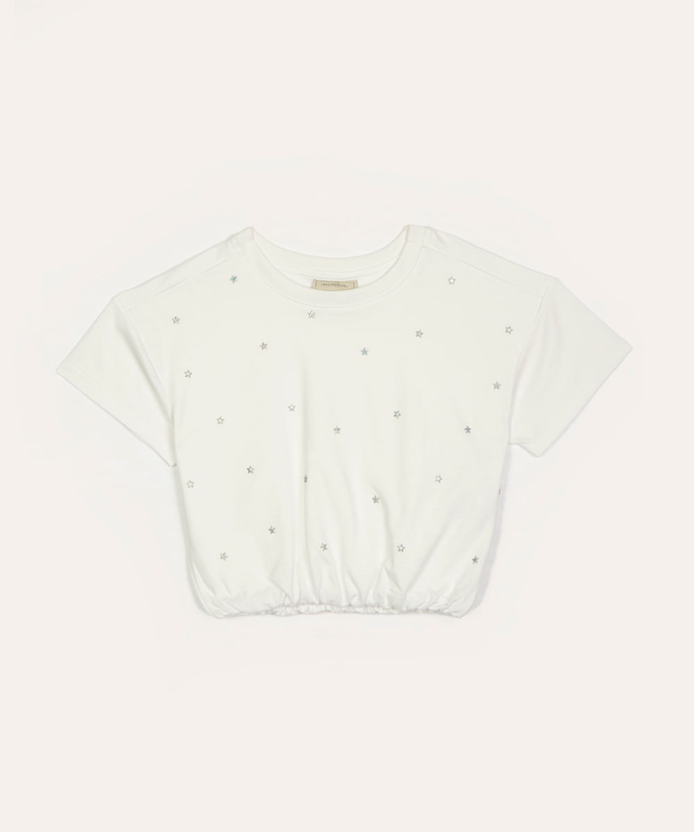 blusa de algodão infantil estrelas e elástico manga curta off white