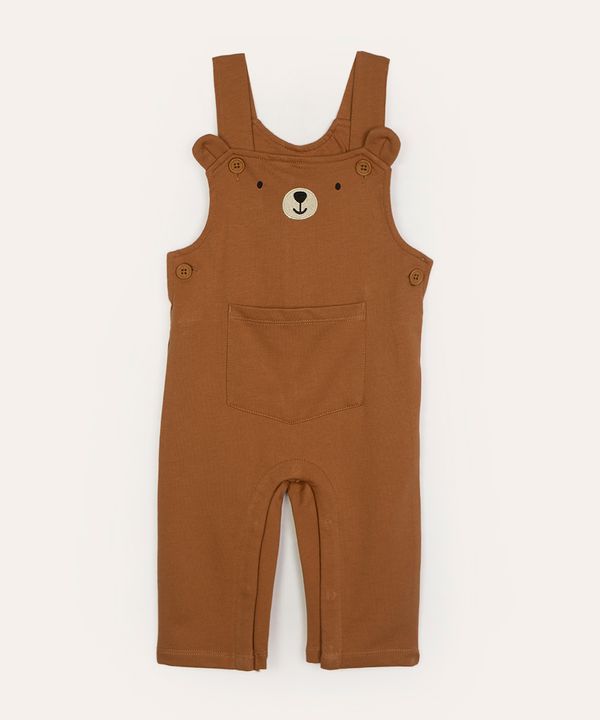 jardineira infantil de moletom urso com bolso marrom médio 3-6