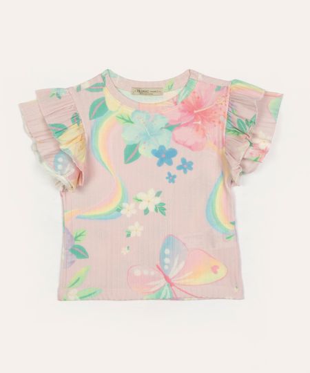 blusa de algodão infantil canelada floral com babado rosa 4 blusa de algodão infantil canelada floral com babado rosa 4