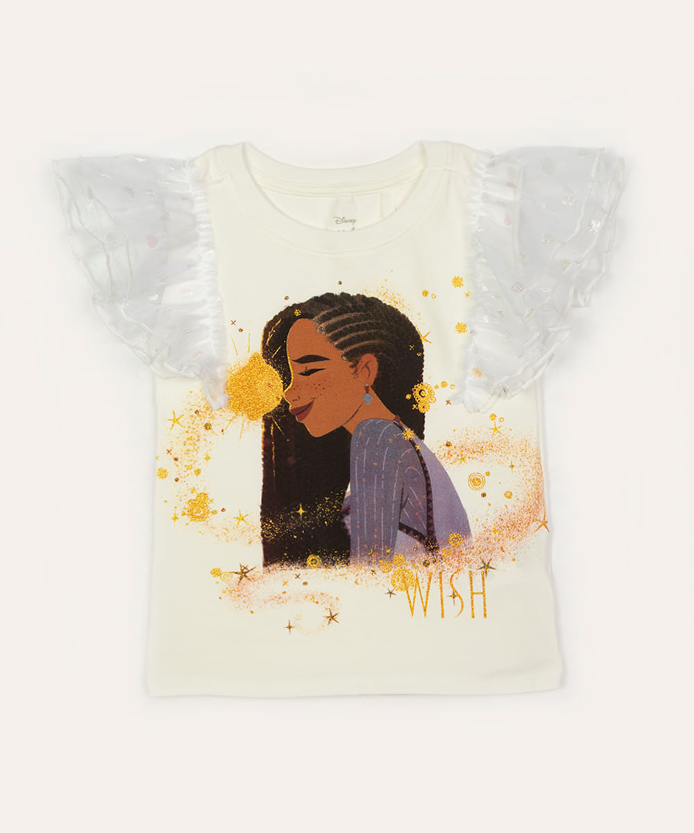 blusa de algodão infantil wish mangas em tule com babado off white