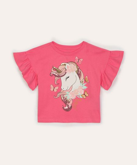 blusa de algodão infantil unicórnio com paetê e babados rosa 8