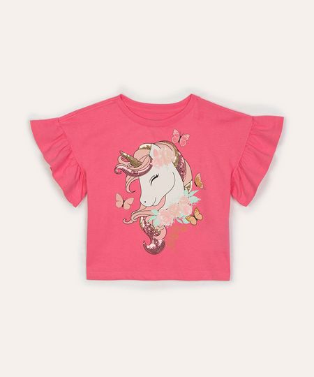 blusa de algodão infantil unicórnio com paetê e babados rosa 4