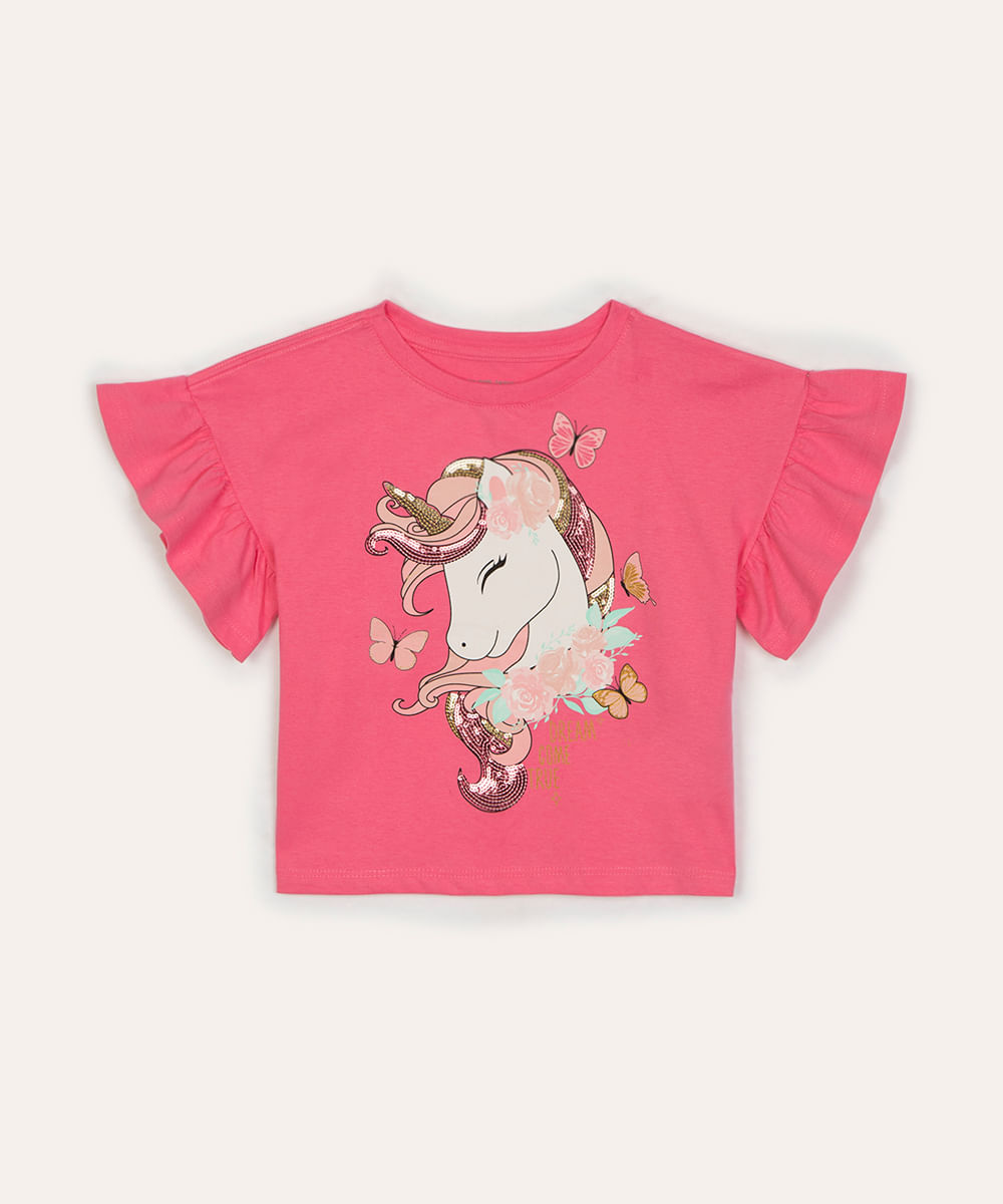 blusa de algodão infantil unicórnio com paetê e babados rosa