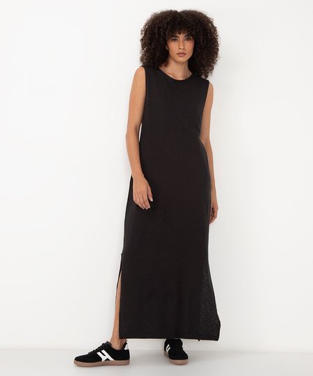 vestido de algodão de alça com fenda longo preto P