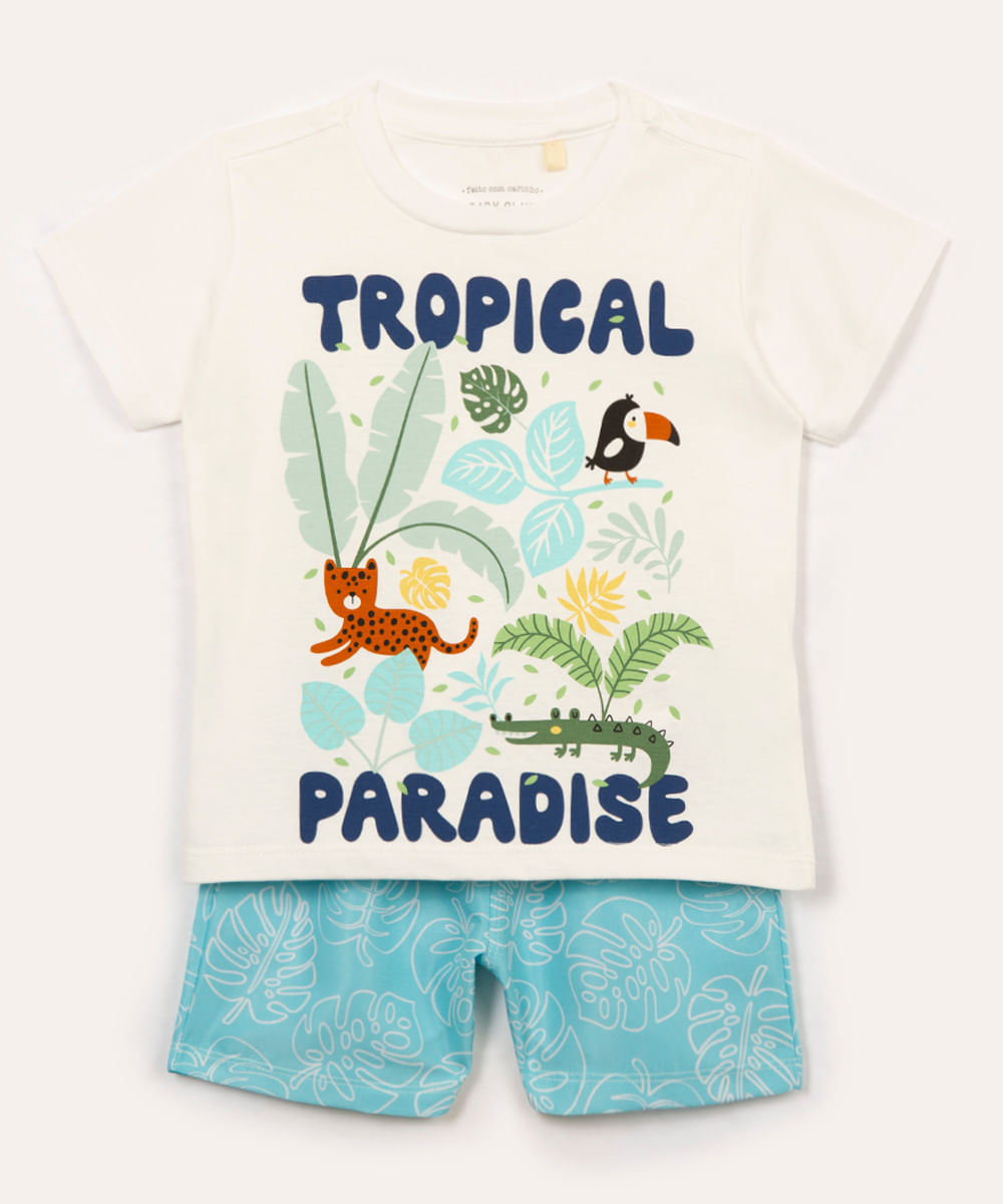 conjunto infantil tropical manga curta turquesa