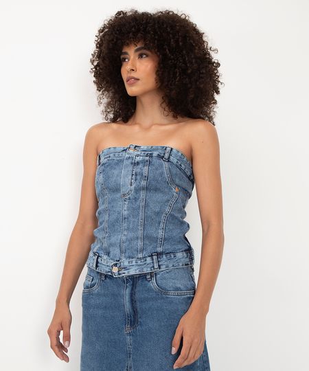 cropped corset jeans recortes sem alça azul médio PP