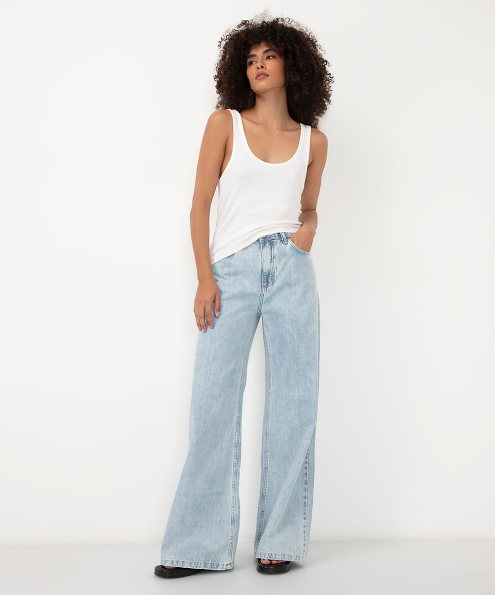 calça jeans relaxed wide leg cintura média azul claro