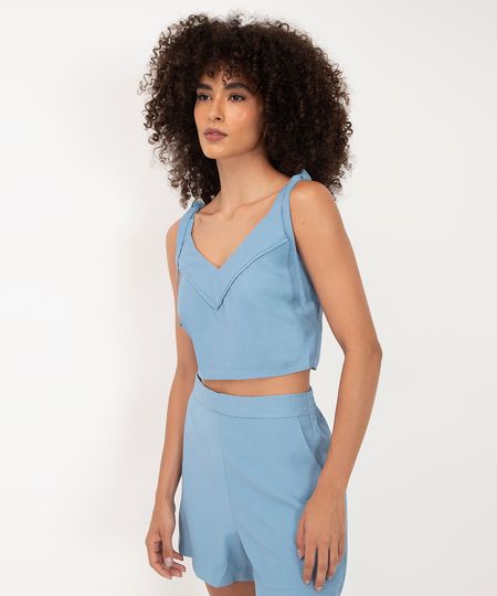 top cropped decote v alça com amarração azul claro PP
