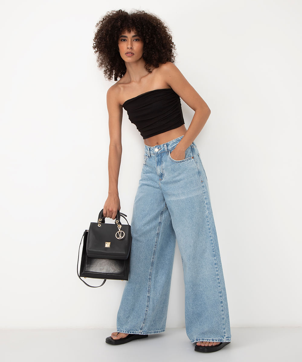 calça jeans super wide leg cintura média - JEANS CLARO