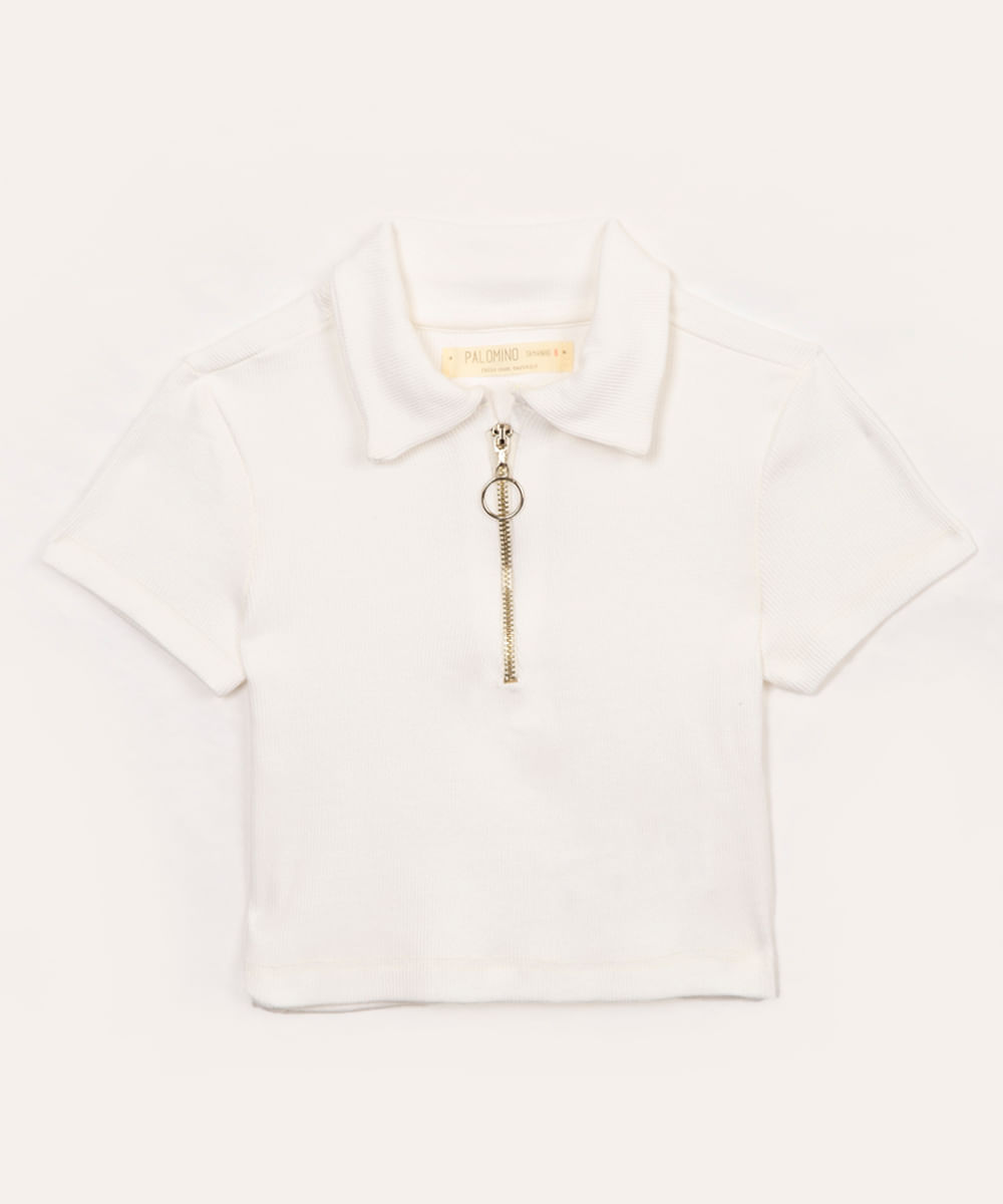 blusa de algodão infantil canelada com zíper manga curta off white