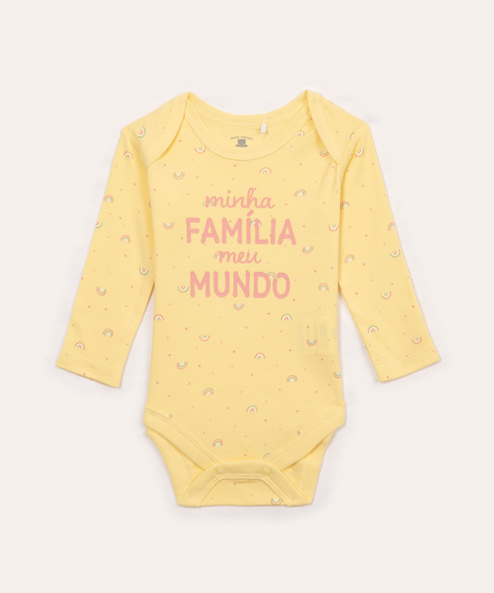 body de algodão infantil família arco íris manga longa amarelo