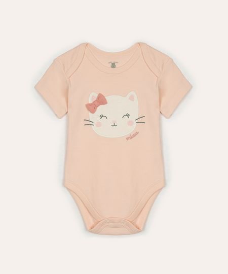 body de algodão infantil gatinha manga curta rosa 3-6