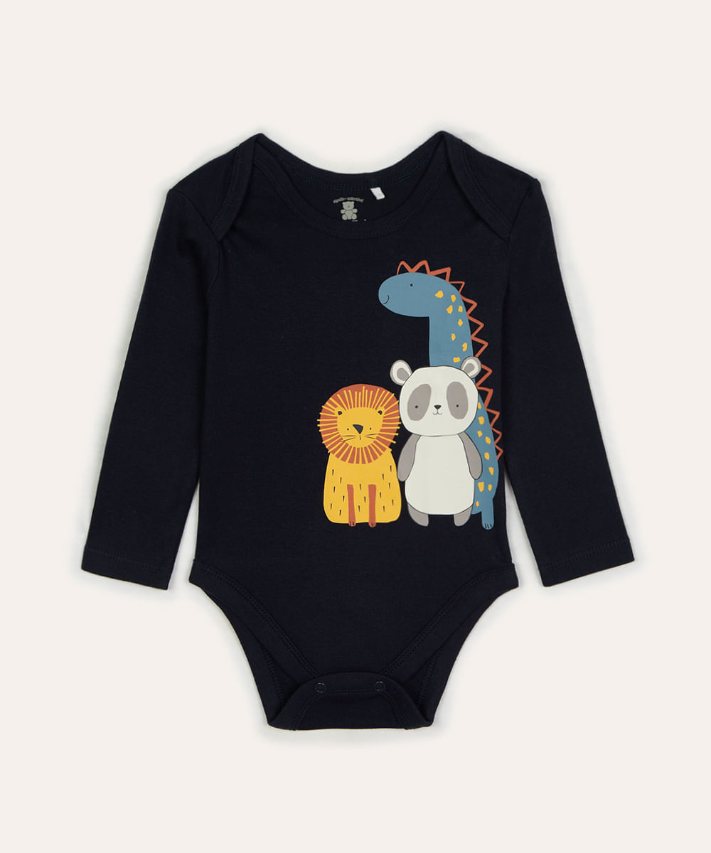 body infantil de algodão animais manga longa azul marinho