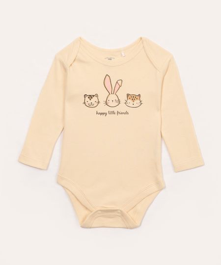 body de algodão infantil animais manga longa bege 0-3 body de algodão infantil animais manga longa bege 0-3