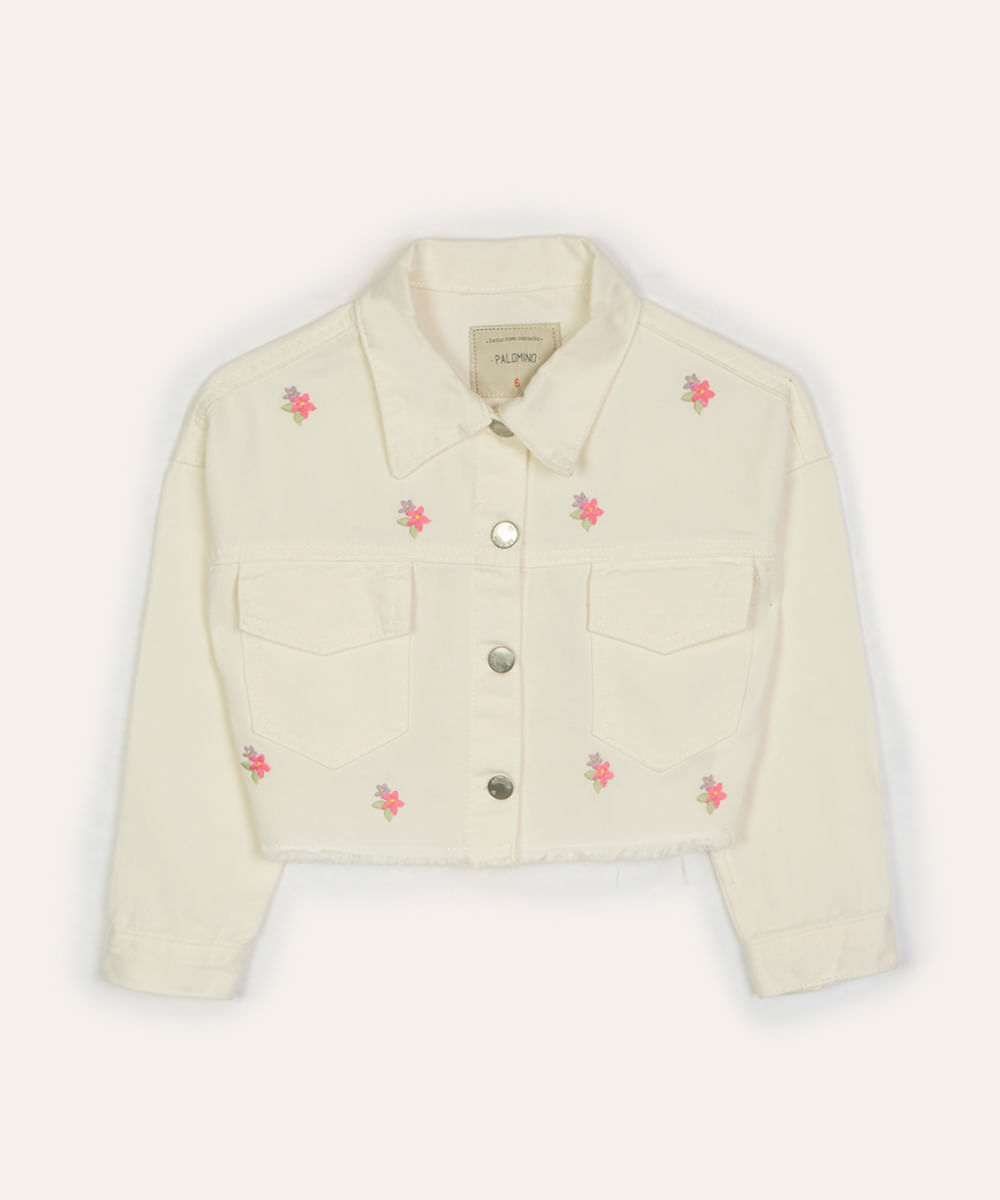 jaqueta de sarja infantil floral com desfiado off white