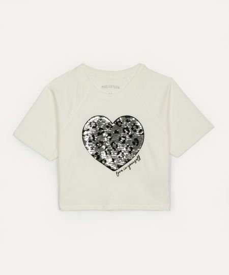 cropped de algodão juvenil coração paetê manga curta off white 10 cropped de algodão juvenil coração paetê manga curta off white 10