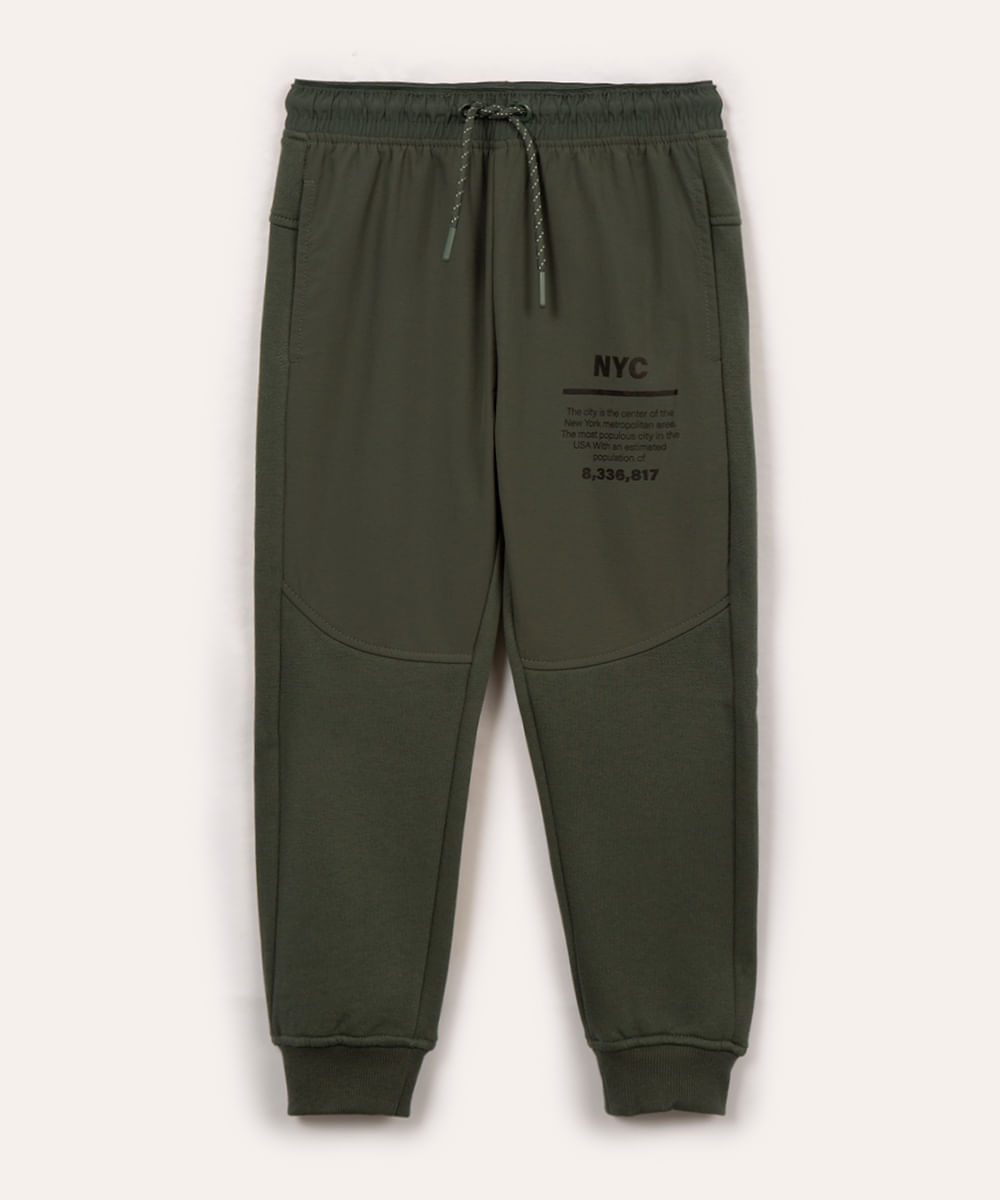 calça de moletom infantil com elástico e cordão verde militar