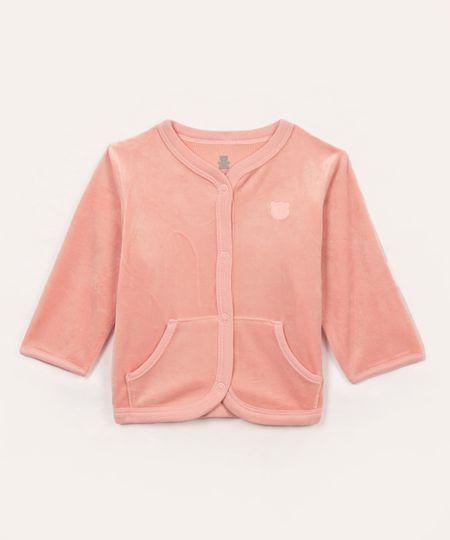 casaco infantil de plush com bolso rosa 0-3