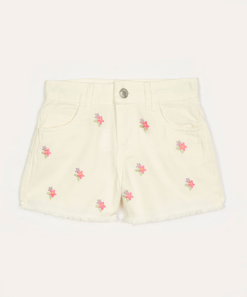 short de sarja infantil floral bordado off white