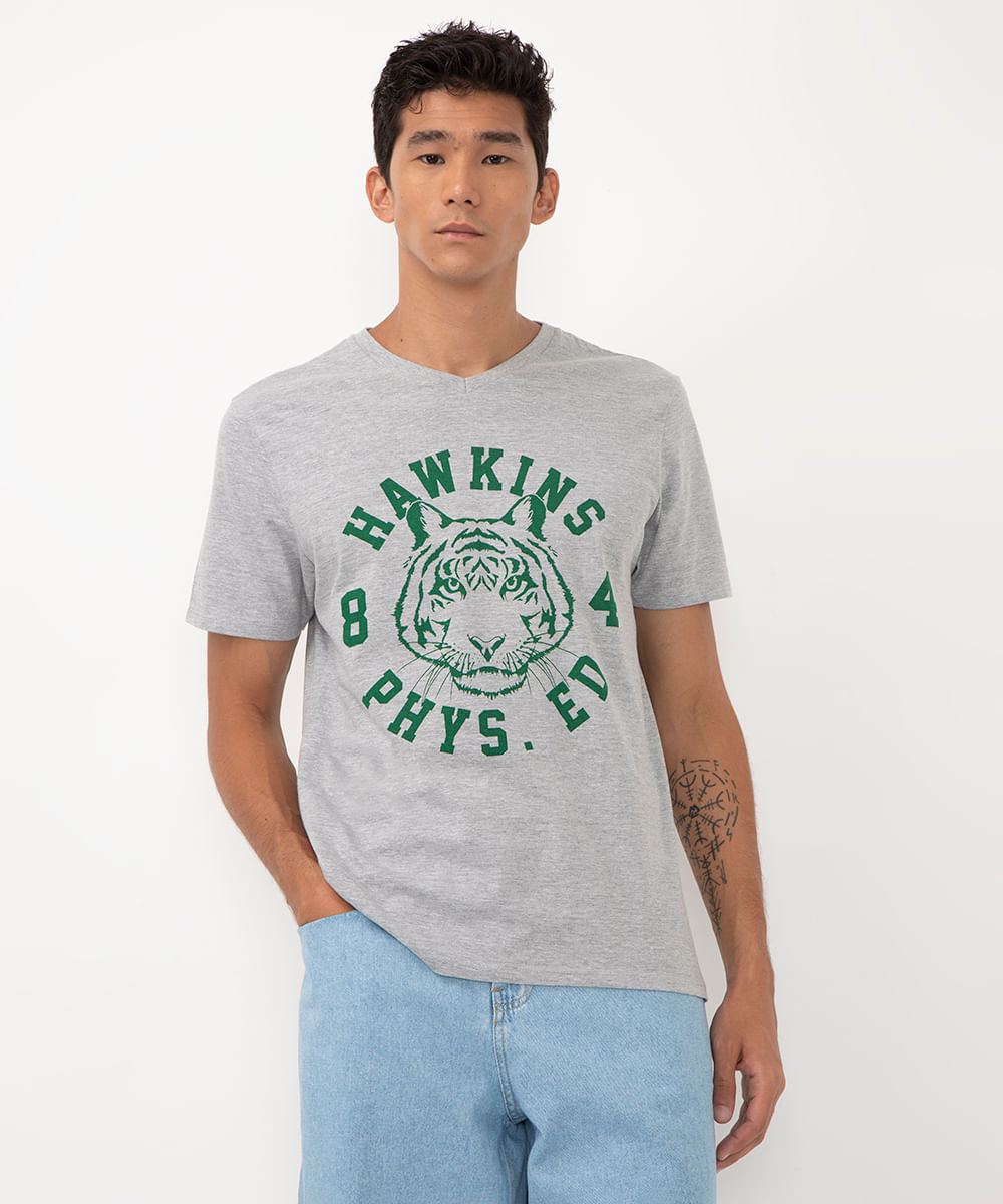 camiseta de algodão hawkins cinza mescla