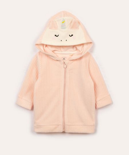 casaco de plush infantil canelado com capuz rosa 0-3