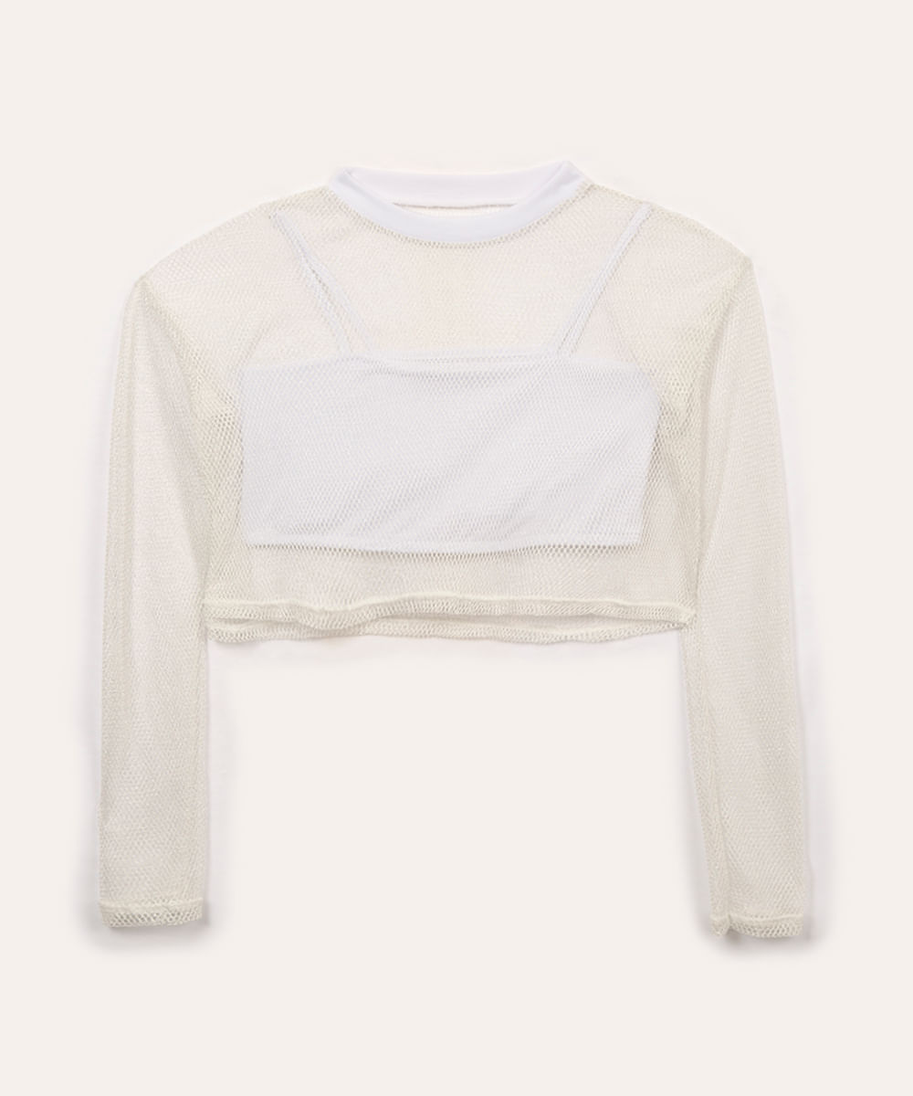 blusa de tela juvenil com sobreposição manga longa off white