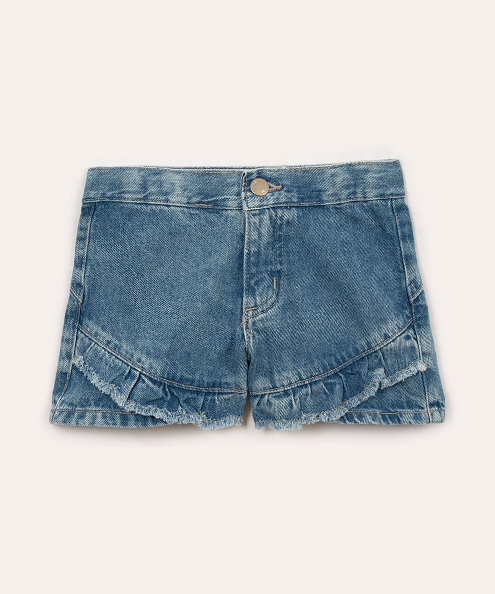 short jeans infantil com babado azul médio