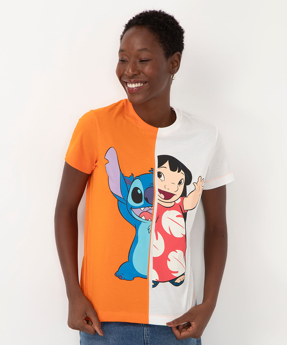 camiseta de algodão lilo e stitch manga curta laranja