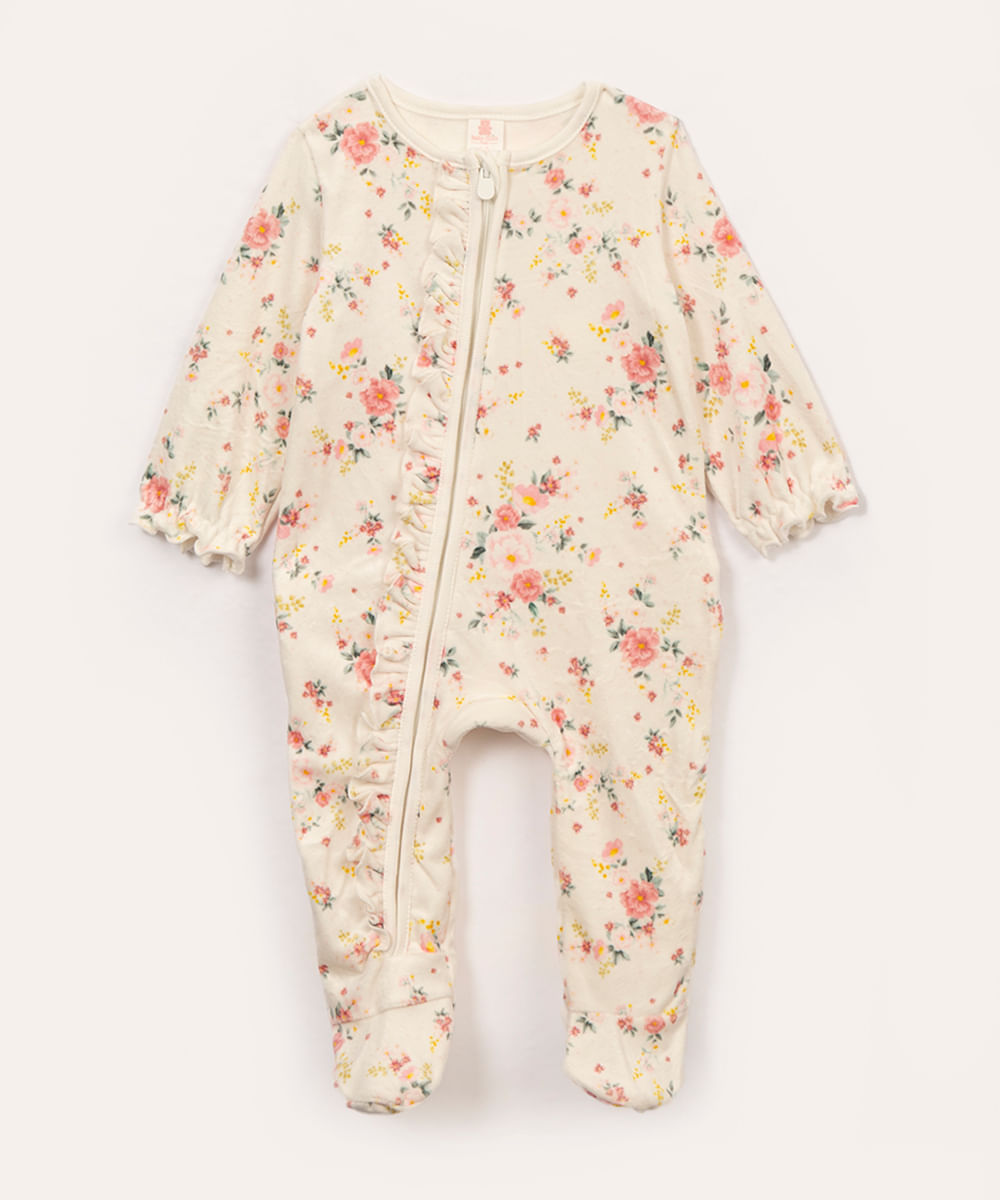 macacão infantil de plush floral com babado off white