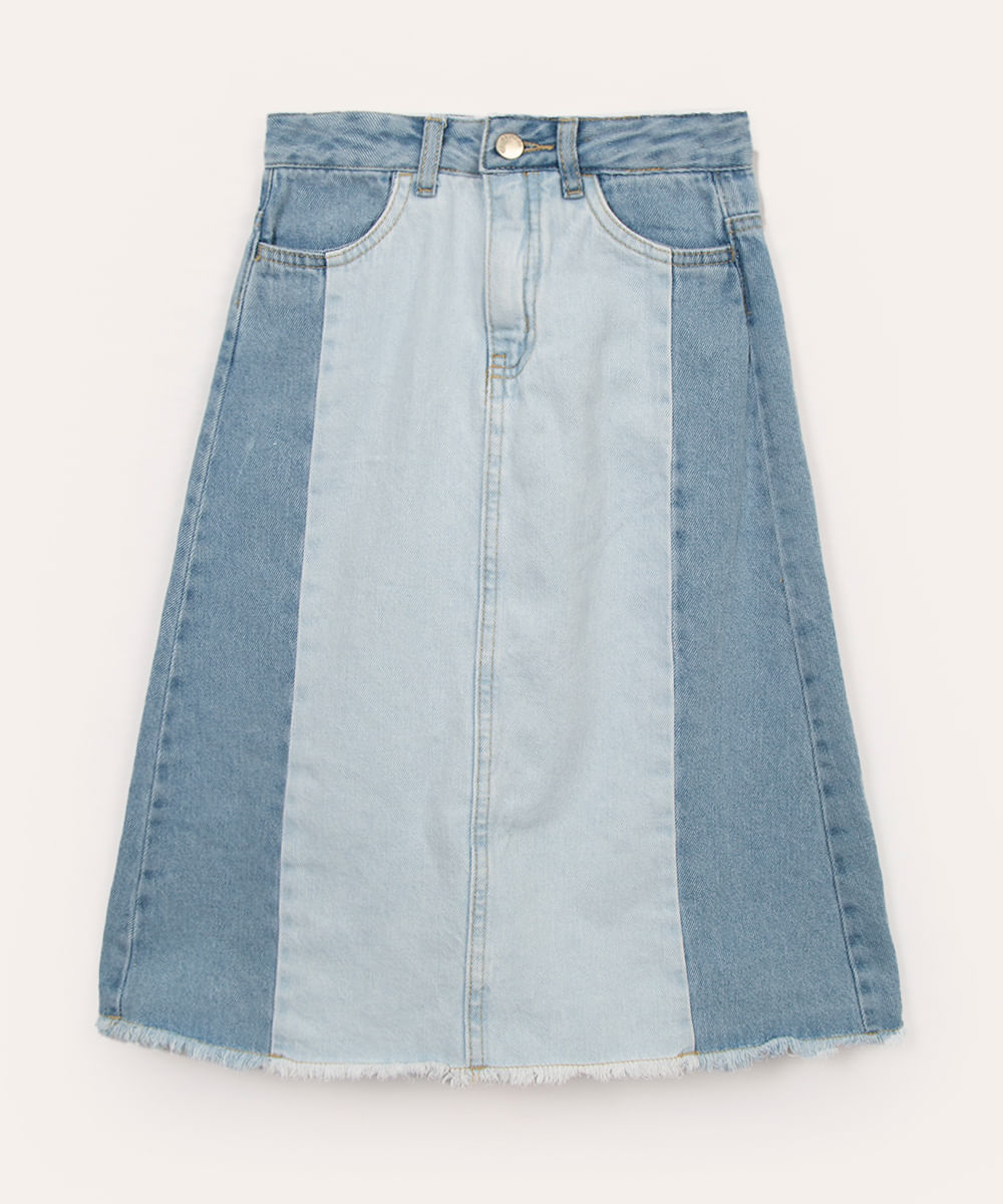 saia jeans midi infantil com recortes azul claro