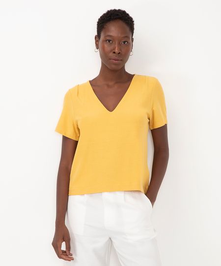 blusa de viscose texturizada decote v manga curta amarelo PP