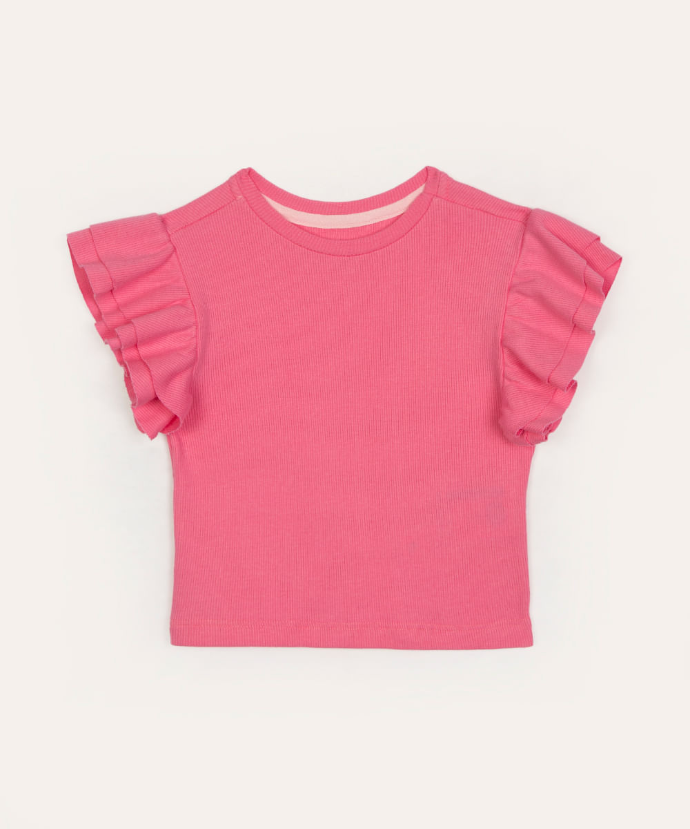 blusa infantil de algodão manga curta em babados rosa