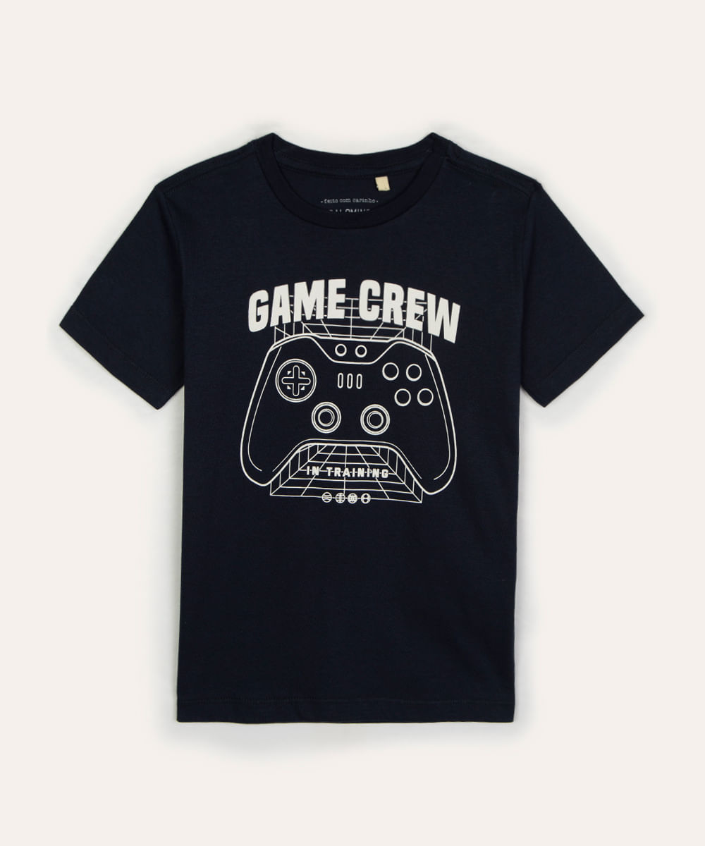 camiseta infantil de algodão game crew manga curta azul marinho