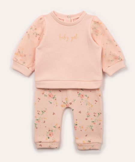 conjunto de moletom infantil floral rosa 0-3
