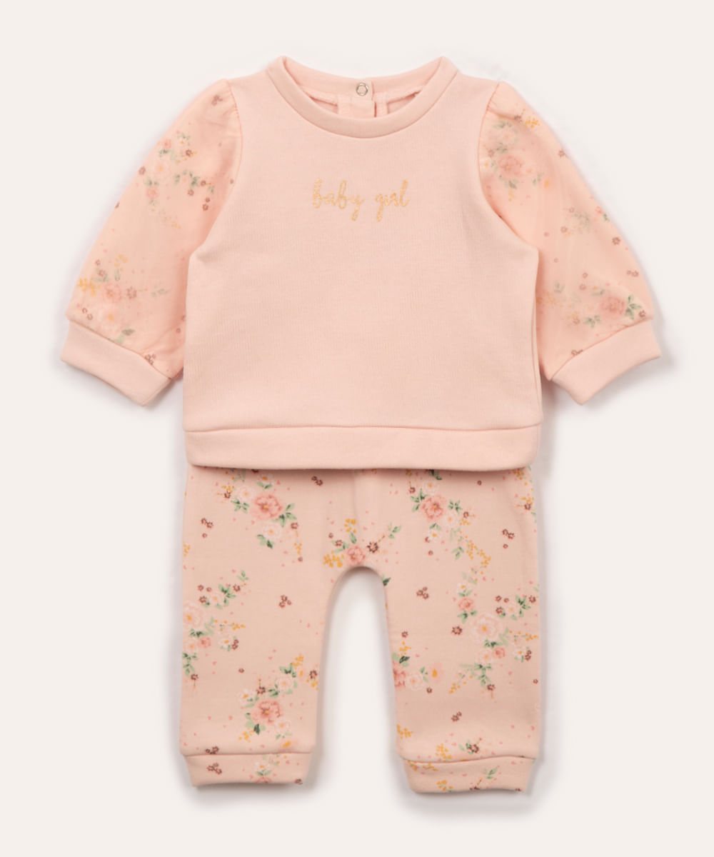 conjunto de moletom infantil floral rosa