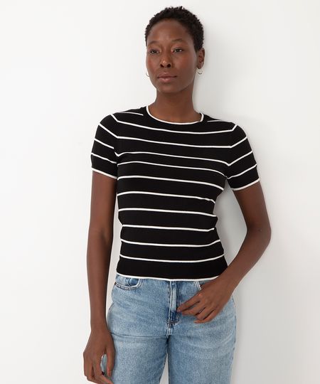 blusa de tricot listrada manga curta preto M