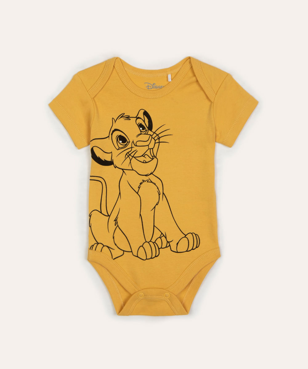 body infantil de algodão simba rei leão manga curta amarelo