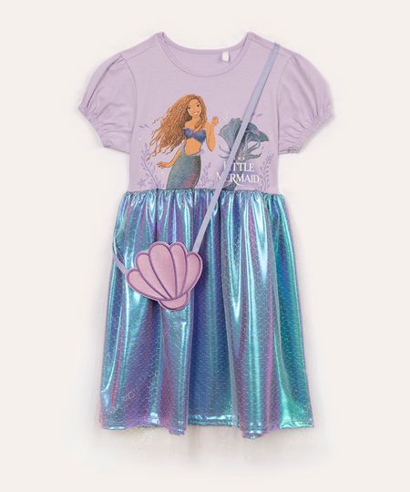 vestido infantil pequena sereia metalizado com tule e bolsa lilás 8