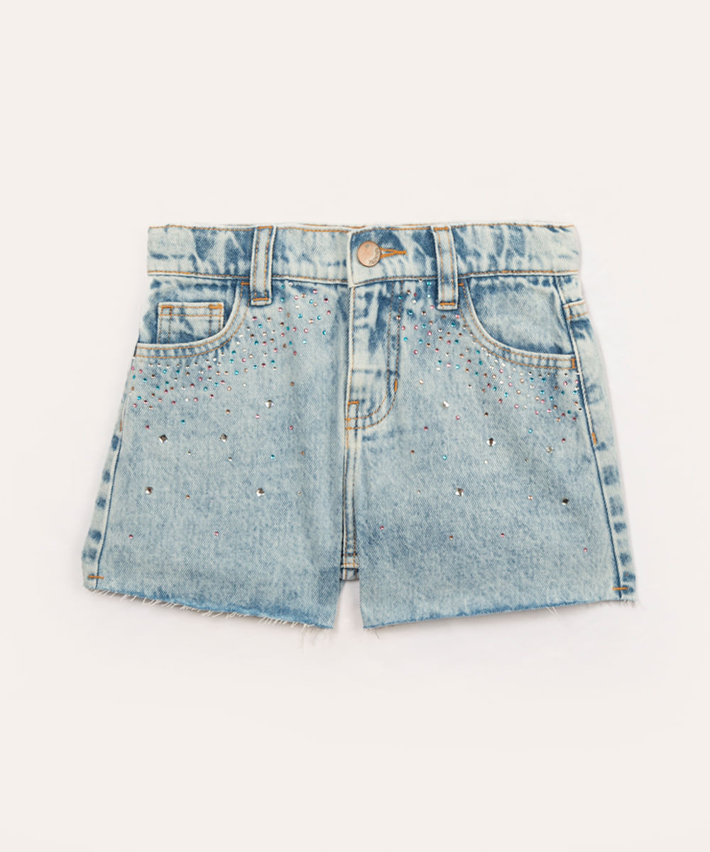 short jeans infantil com strass e desfiado azul claro