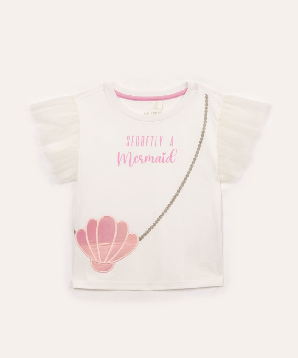 blusa de algodão infantil concha com tule manga curta off white